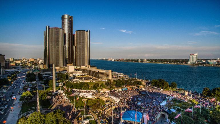 The Detroit Jazz Festival in Hart Plaza with views of the Detroit River The Detroit Jazz Festival in Hart Plaza with views of the Detroit River