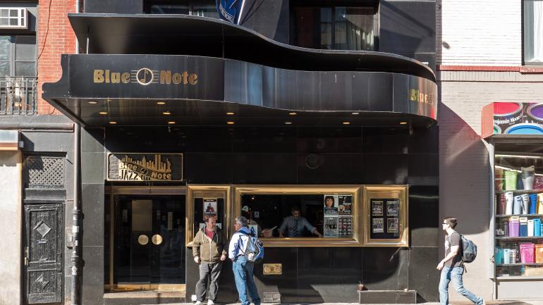 A view of The Blue Note, a popular jazz club in New York City A view of The Blue Note, a popular jazz club in New York City