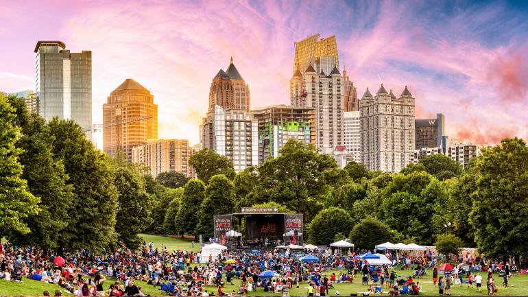 Skyline views from the Atlanta Jazz Festival, which is held in Piedmont Park Skyline views from the Atlanta Jazz Festival, which is held in Piedmont Park