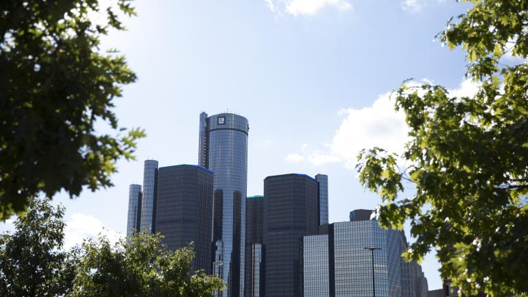 A view of the Detroit skyline from a city park A view of the Detroit skyline from a city park