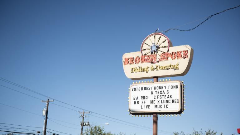 The signature neon sign for Broken Spoke, a legendary Austin honky tonk The signature neon sign for Broken Spoke, a legendary Austin honky tonk