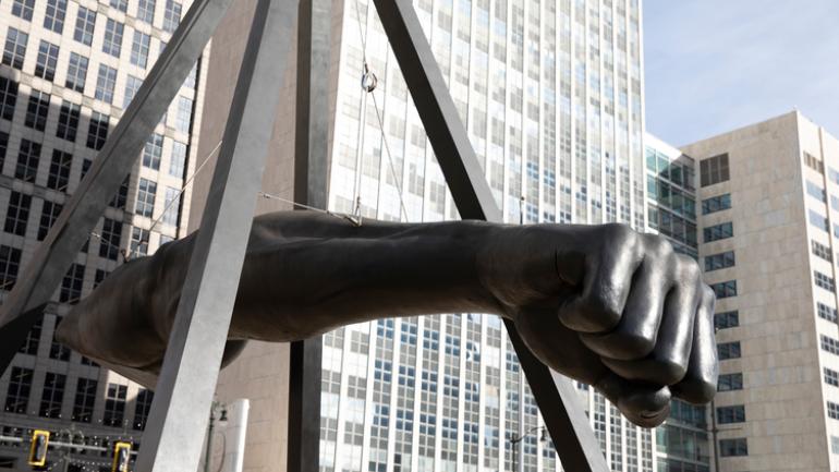 The famous Monument to Joe Louis sculpture, a Detroit landmark The famous Monument to Joe Louis sculpture, a Detroit landmark