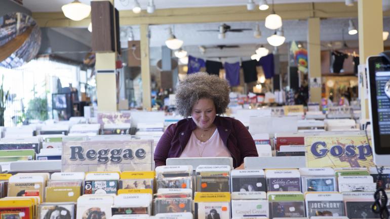 Lady Lark browsing music at The Electric Fetus Lady Lark browsing music at The Electric Fetus