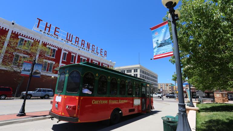 Touring downtown Cheyenne, Wyoming, by trolley car Touring downtown Cheyenne, Wyoming, by trolley car