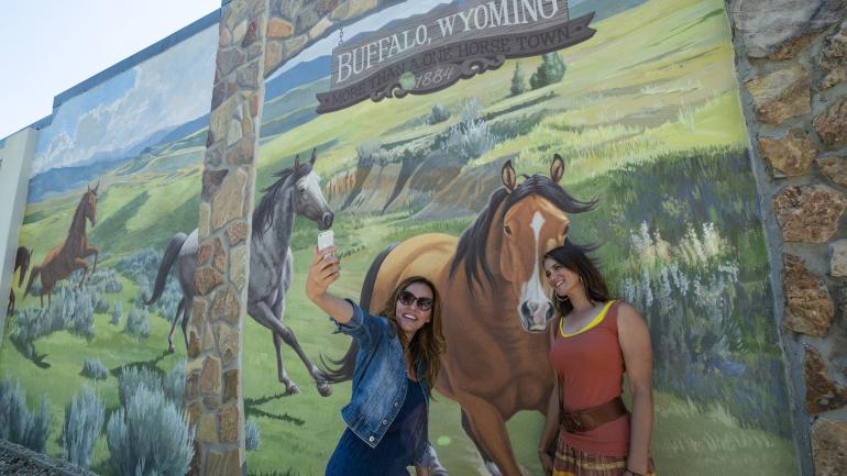 Taking a selfie with a horse-themed mural in downtown Buffalo, Wyoming Taking a selfie with a horse-themed mural in downtown Buffalo, Wyoming
