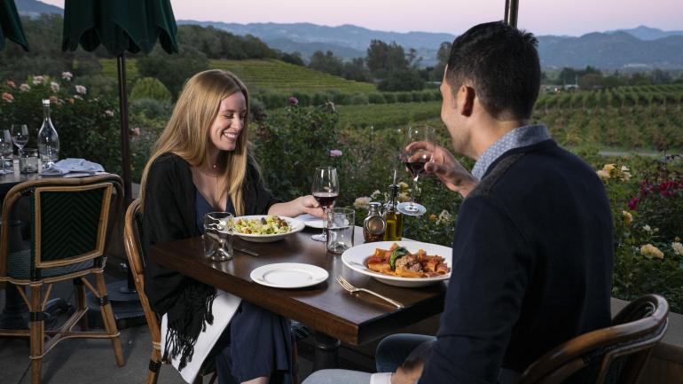 Dining with a view of the vineyards at Rustic restaurant at Francis Ford Coppola Winery in Sonoma County, California Dining with a view of the vineyards at Rustic restaurant at Francis Ford Coppola Winery in Sonoma County, California