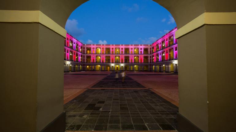 Cuartel de Ballajá, the home of the Museo de la Américas, illuminated at night Cuartel de Ballajá, the home of the Museo de la Américas, illuminated at night