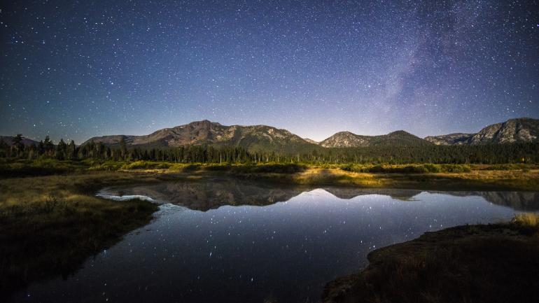 Stars over Mount Tallac and Maggies Peaks reflecting in Taylor Creek Stars over Mount Tallac and Maggies Peaks reflecting in Taylor Creek