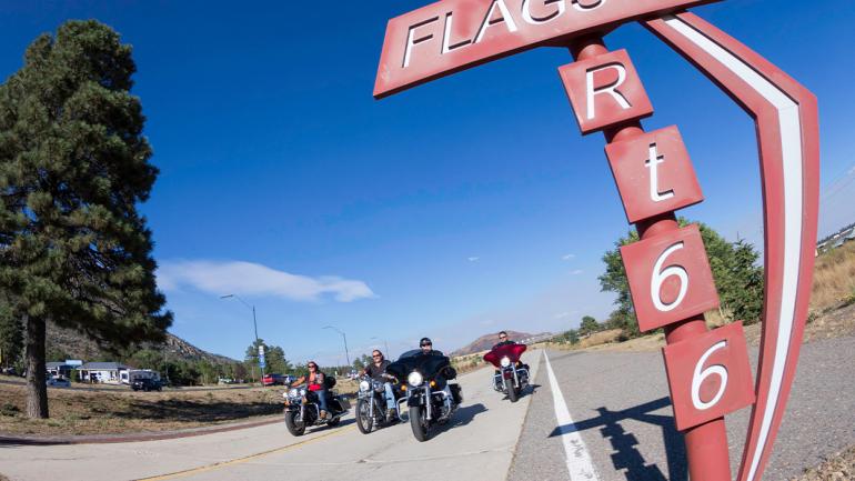 Riding motorcycles on Route 66 through Flagstaff, Arizona Riding motorcycles on Route 66 through Flagstaff, Arizona