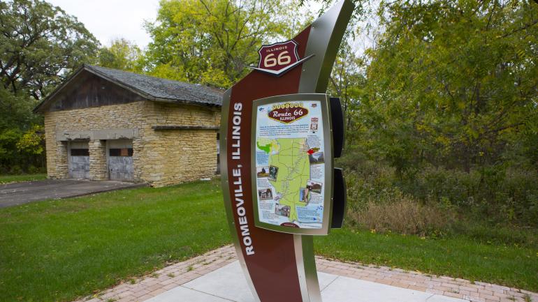A Route 66 interpretive sign in Romeoville A Route 66 interpretive sign in Romeoville