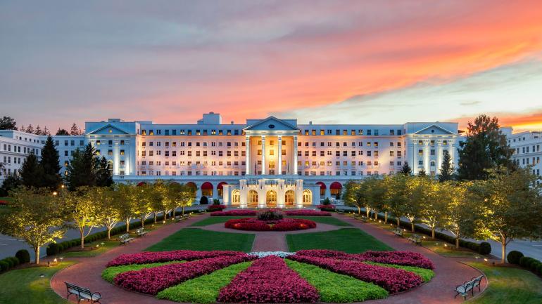 Twilight view of the front entrance of the Greenbrier Resort in White Sulphur Springs, West Virginia Twilight view of the front entrance of the Greenbrier Resort in White Sulphur Springs, West Virginia
