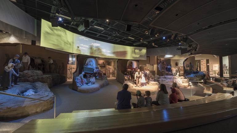 A family viewing exhibits at the National Historic Trails Interpretive Center in Casper A family viewing exhibits at the National Historic Trails Interpretive Center in Casper
