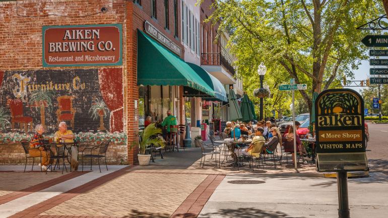 Patio dining at Aiken Brewing Company in downtown Aiken, South Carolina Patio dining at Aiken Brewing Company in downtown Aiken, South Carolina