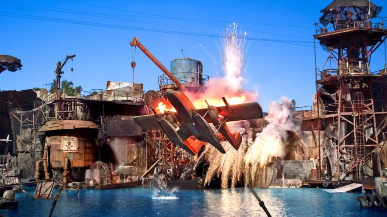 The epic stunts and explosions of the WaterWorld show The epic stunts and explosions of the WaterWorld show