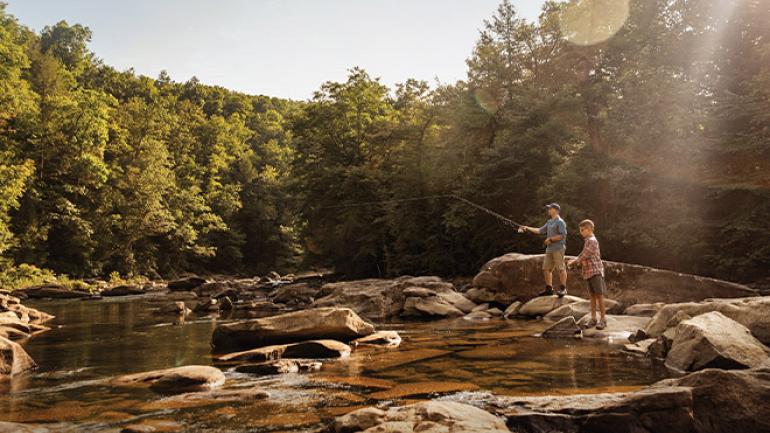 A peaceful morning for a father-son fly-fishing outing A peaceful morning for a father-son fly-fishing outing