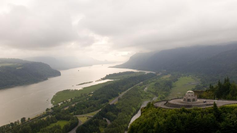 Aerial view of the Crown Point overlook and Columbia River Gorge Aerial view of the Crown Point overlook and Columbia River Gorge