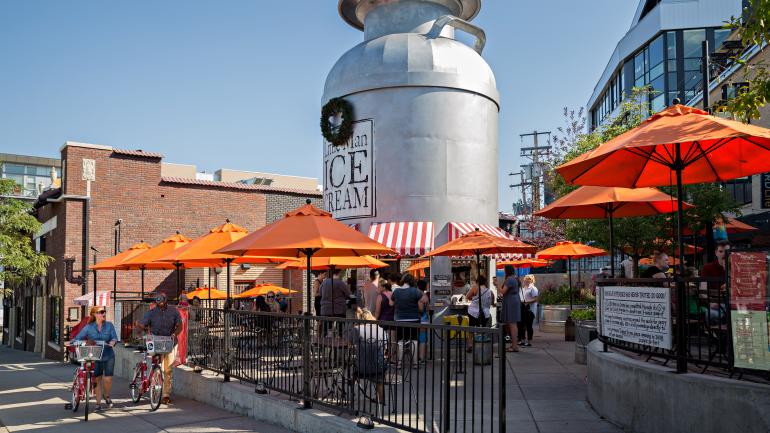 Outdoor seating at Little Man Ice Cream, a wildly popular spot in the LoHi (Lower Highland) neighborhood Outdoor seating at Little Man Ice Cream, a wildly popular spot in the LoHi (Lower Highland) neighborhood
