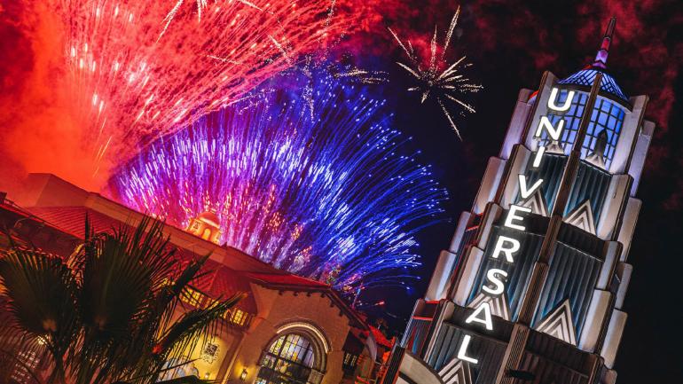 Fireworks illuminating Universals Studios Hollywood during the 4th of July celebration Fireworks illuminating Universals Studios Hollywood during the 4th of July celebration