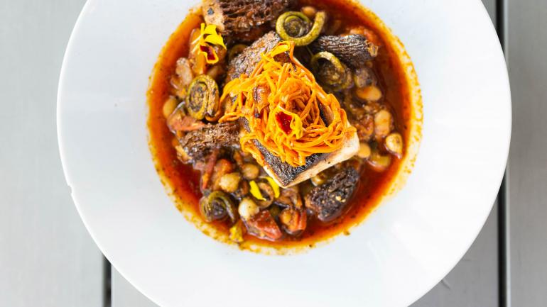 Pan-seared cobia with white bean puttanesca from Brick & Mortar Pan-seared cobia with white bean puttanesca from Brick & Mortar