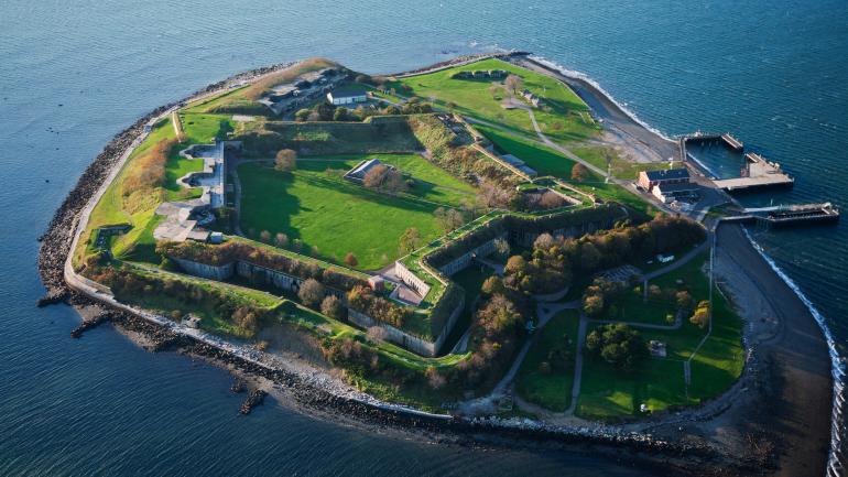 Aerial view of Georges Island, a Boston Harbor Island that is home to a historic fort Aerial view of Georges Island, a Boston Harbor Island that is home to a historic fort