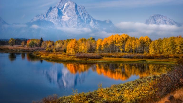 Árboles de tonos dorados y majestuosas montañas en Oxbow Bend en el Grand Teton National Park Árboles de tonos dorados y majestuosas montañas en Oxbow Bend en el Grand Teton National Park