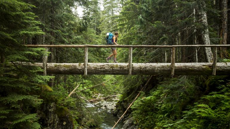 Traversée d’une passerelle, sac sur le dos, dans l’Olympic National Park Traversée d’une passerelle, sac sur le dos, dans l’Olympic National Park
