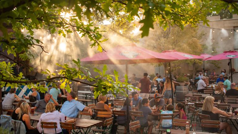 The sun-dappled beer garden at Schulz Bräu Brewing Company The sun-dappled beer garden at Schulz Bräu Brewing Company