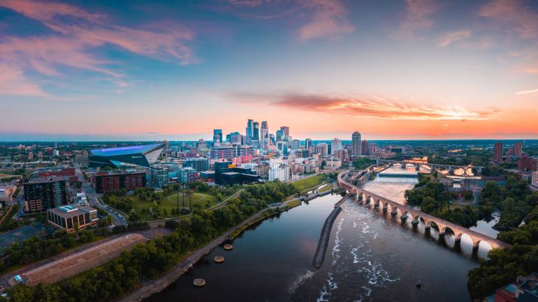 Aerial view of the Mississippi River and the Minneapolis, Minnesota, skyline Aerial view of the Mississippi River and the Minneapolis, Minnesota, skyline