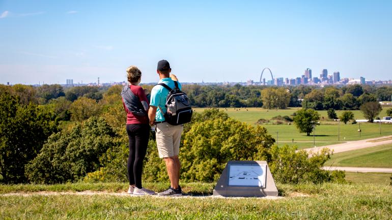 View of St. Louis, Missouri, from atop one of the ancient mounds at Cahokia Mounds State Historic Site View of St. Louis, Missouri, from atop one of the ancient mounds at Cahokia Mounds State Historic Site