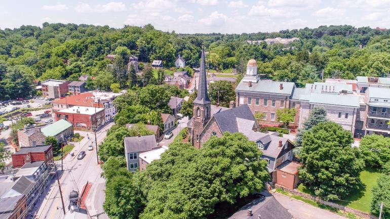 Aerial view of historic buildings in Howard County, Maryland Aerial view of historic buildings in Howard County, Maryland