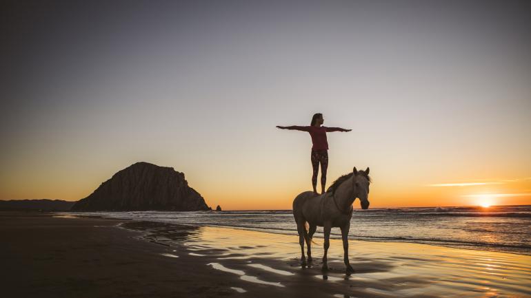 Horse yoga with a view of Morro Rock in San Luis Obispo County, California Horse yoga with a view of Morro Rock in San Luis Obispo County, California