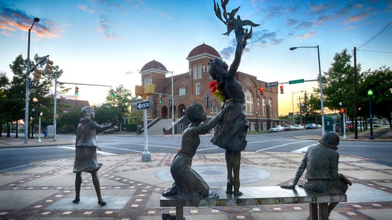 Statues in front of the 16th Street Baptist Church in the Birmingham Civil Rights District in Alabama Statues in front of the 16th Street Baptist Church in the Birmingham Civil Rights District in Alabama