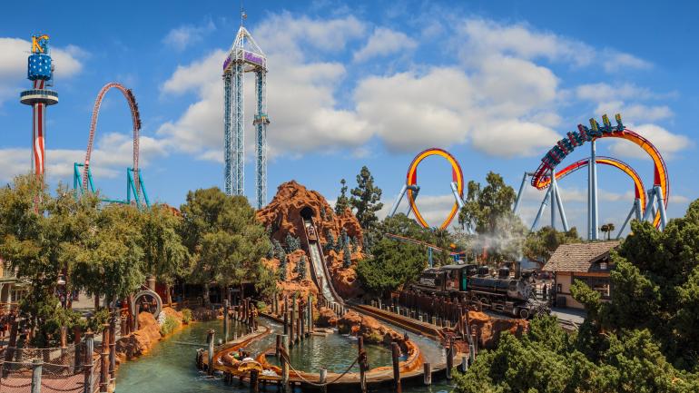 Roller coasters and thrill rides dotting the Knott's Berry Farm skyline in Buena Park Roller coasters and thrill rides dotting the Knott's Berry Farm skyline in Buena Park