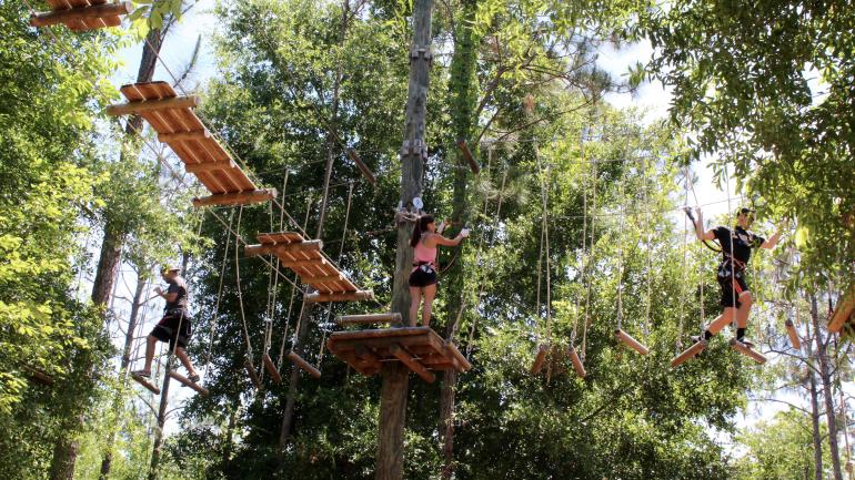 Climbing through a treetop challenge course at Orlando Tree Trek Adventure Park Climbing through a treetop challenge course at Orlando Tree Trek Adventure Park