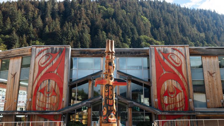 Art installations by contemporary Haida, Tsimshian and Tlingit artists decorate the exterior of the Sealaska Heritage Institute Art installations by contemporary Haida, Tsimshian and Tlingit artists decorate the exterior of the Sealaska Heritage Institute