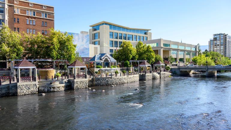 The Downtown Riverwalk along the Truckee River in Reno, Nevada The Downtown Riverwalk along the Truckee River in Reno, Nevada