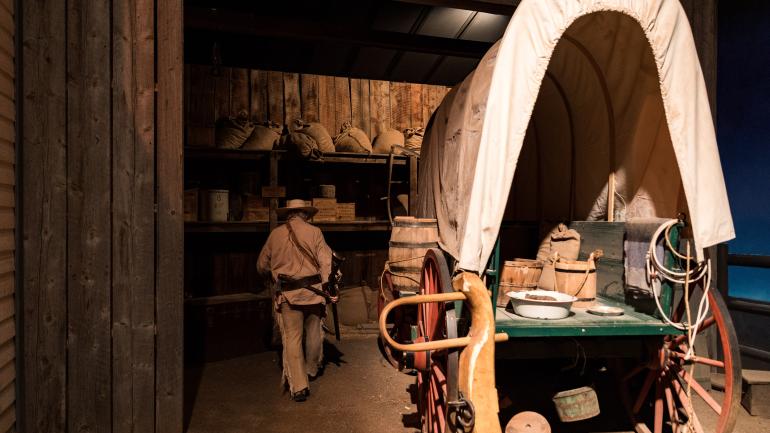 A costumed guide shows guests around the The National Oregon/California Trail Center in Montpelier A costumed guide shows guests around the The National Oregon/California Trail Center in Montpelier