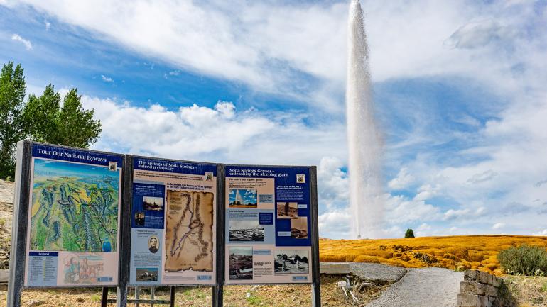The Soda Springs geyser erupts with an impressive display every hour The Soda Springs geyser erupts with an impressive display every hour