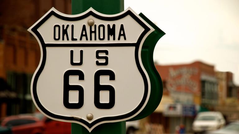 A shield sign marks a small-town stretch of historic Route 66 in Oklahoma A shield sign marks a small-town stretch of historic Route 66 in Oklahoma
