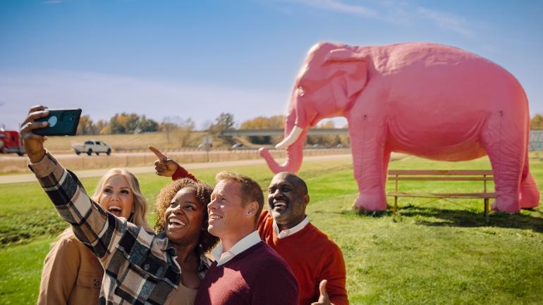 Snapping a selfie in front of a life-size hot pink elephant at Pink Elephant Antique Mall in Livingston Snapping a selfie in front of a life-size hot pink elephant at Pink Elephant Antique Mall in Livingston