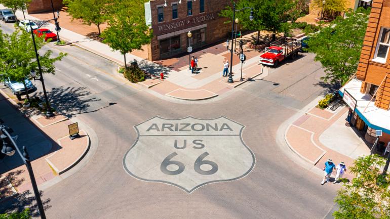 The massive Route 66 shield road mural in Winslow, Arizona The massive Route 66 shield road mural in Winslow, Arizona