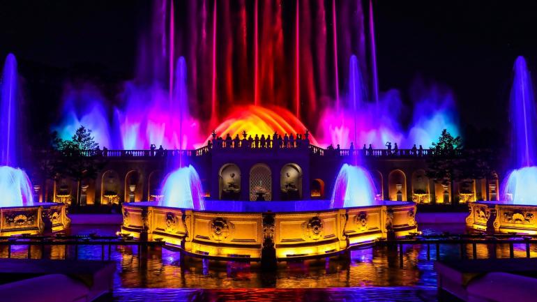 The fountains of Longwood Gardens light up with spectacular colors during an Illuminated Fountain Performance The fountains of Longwood Gardens light up with spectacular colors during an Illuminated Fountain Performance