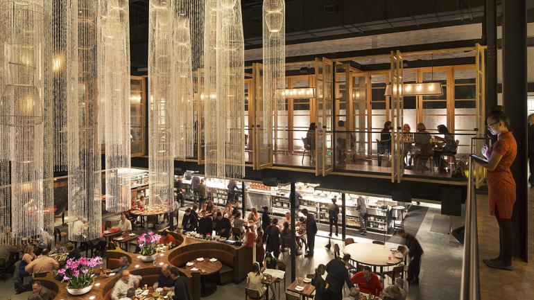 The modern dining room of Morimoto Asia in Disney Springs The modern dining room of Morimoto Asia in Disney Springs