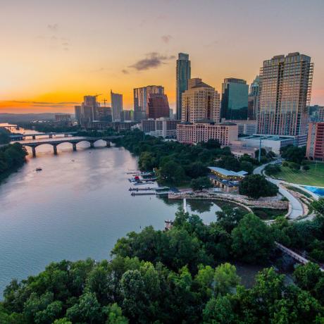 The sun setting over downtown Austin, Texas