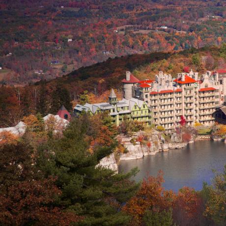 An aerial view of Mohonk Mountain House in New Paltz, New York, in the Hudson Valley