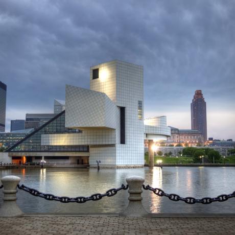 The Rock & Roll Hall of Fame across the waters of Lake Erie in Cleveland, Ohio