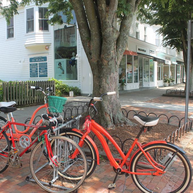 Colorful bikes paused on Main Street in East Hampton Colorful bikes paused on Main Street in East Hampton