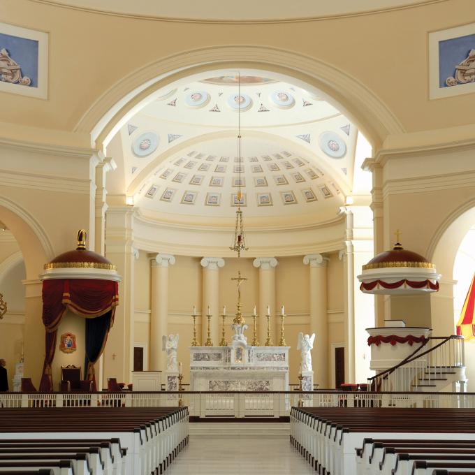 The first Roman Catholic cathedral built in the United States, Basilica of the National Shrine of the Assumption of the Blessed Virgin Mary, in Baltimore, Maryland The first Roman Catholic cathedral built in the United States, Basilica of the National Shrine of the Assumption of the Blessed Virgin Mary, in Baltimore, Maryland