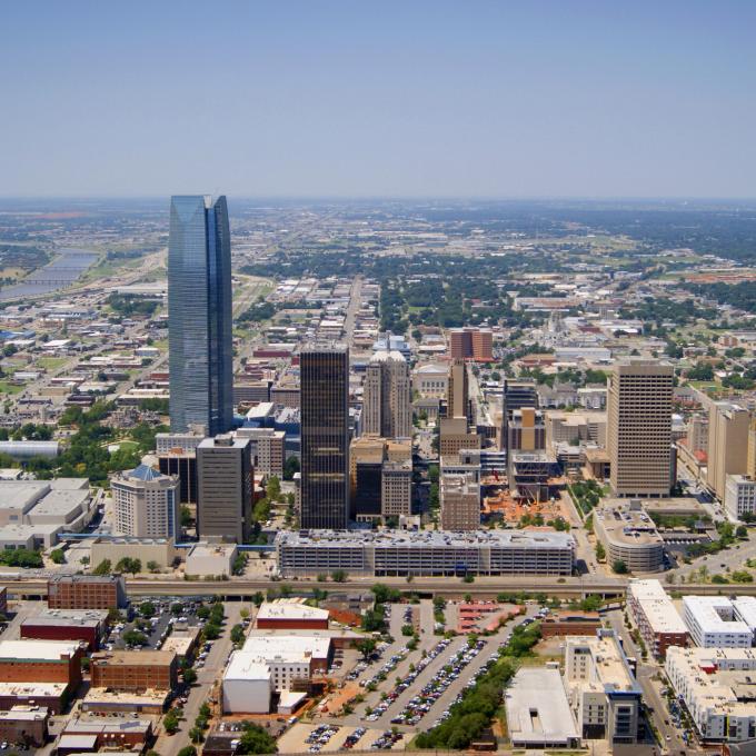 An aerial view of the Oklahoma City skyline An aerial view of the Oklahoma City skyline