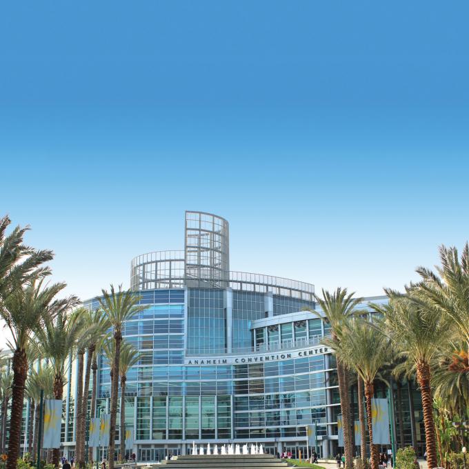 The glass exterior of the massive Anaheim Convention Center The glass exterior of the massive Anaheim Convention Center